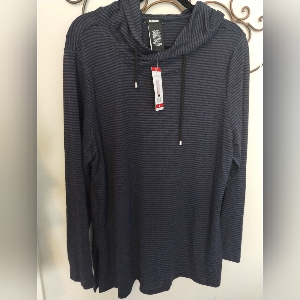 Women's XL Premise Hooded Top Black Blue Striped BNWT